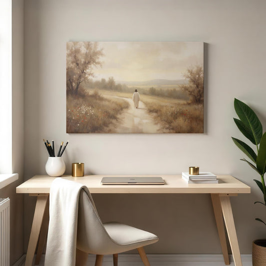 Minimalist workspace featuring a light wood desk, beige chair, and gold-accented decor. Above hangs a serene gallery-wrapped canvas of Jesus walking on a countryside path by soft fields and trees, creating a peaceful and faith-inspired atmosphere