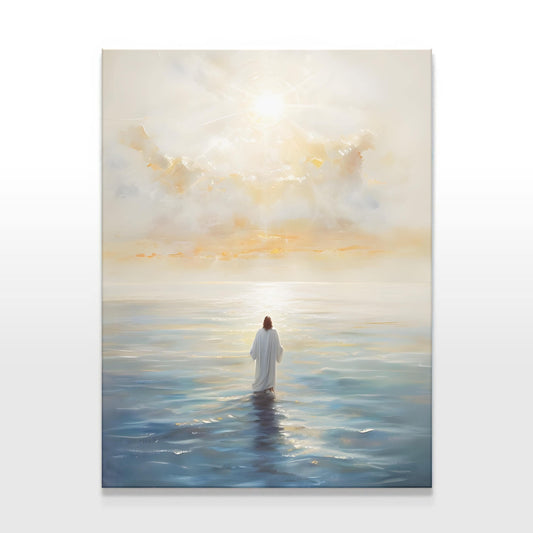 A canvas print of Jesus standing in calm ocean waters beneath a glowing sunrise, with soft clouds and golden light. The artwork has a serene, faith-based theme with a minimalist and peaceful style.