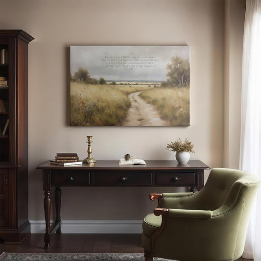 Vintage Proverbs 3:5-6 Painting Scripture Print | Large Canvas Art | Bible Verse Wall Decor | Peaceful landscape Canvas