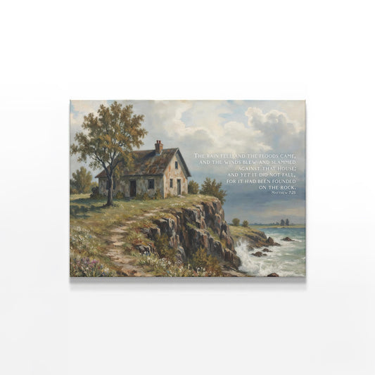 Firm Foundation Canvas | Scripture Wall Art | Matthew 7:25 Print | Christian Decor | House Built on the Rock Artwork | Jesus Art