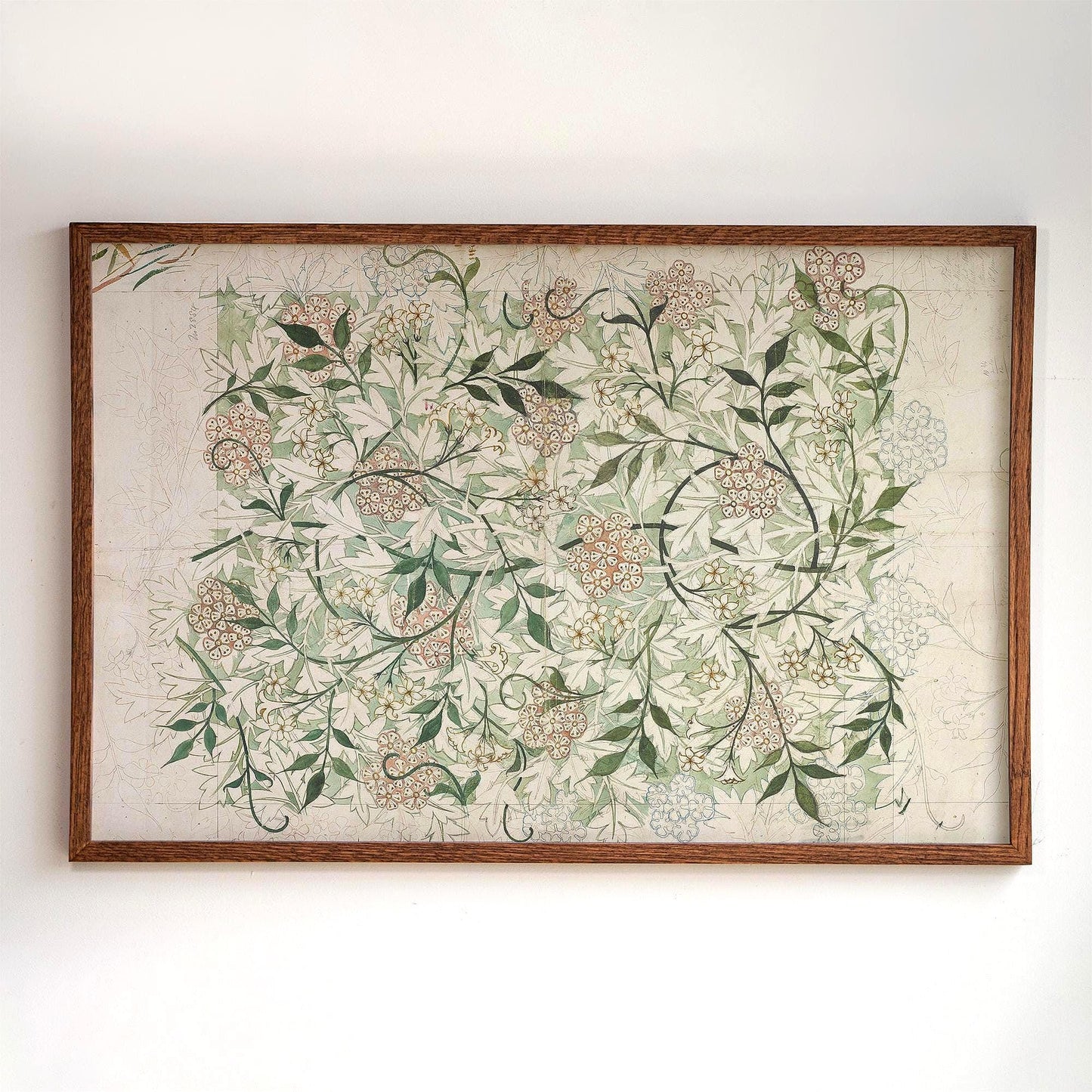 Vintage Botanical Oak Framed Wall Art | Vintage Floral Canvas Print in Soft Green & Neutral Tones for Entryway, Cottagecore Decor | WM24