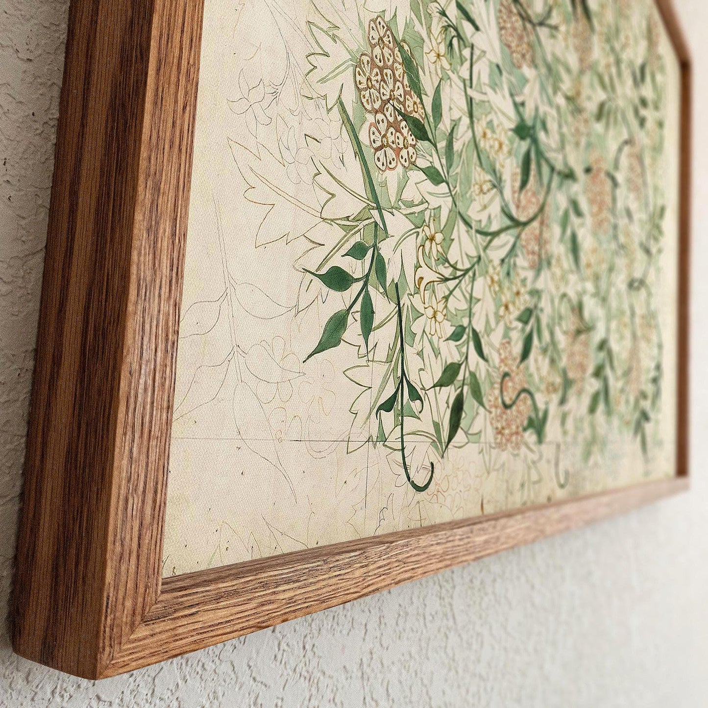 Vintage Botanical Oak Framed Wall Art | Vintage Floral Canvas Print in Soft Green & Neutral Tones for Entryway, Cottagecore Decor | WM24