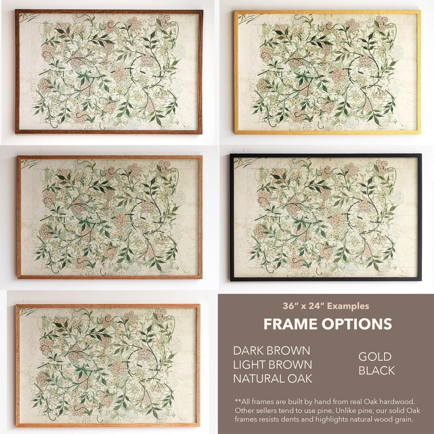 Vintage Botanical Oak Framed Wall Art | Vintage Floral Canvas Print in Soft Green & Neutral Tones for Entryway, Cottagecore Decor | WM24