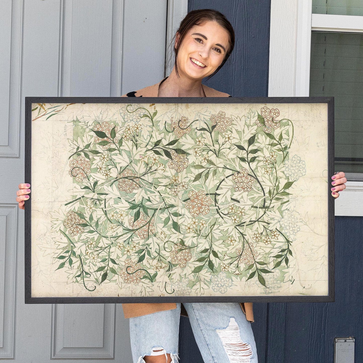 Vintage Botanical Oak Framed Wall Art | Vintage Floral Canvas Print in Soft Green & Neutral Tones for Entryway, Cottagecore Decor | WM24