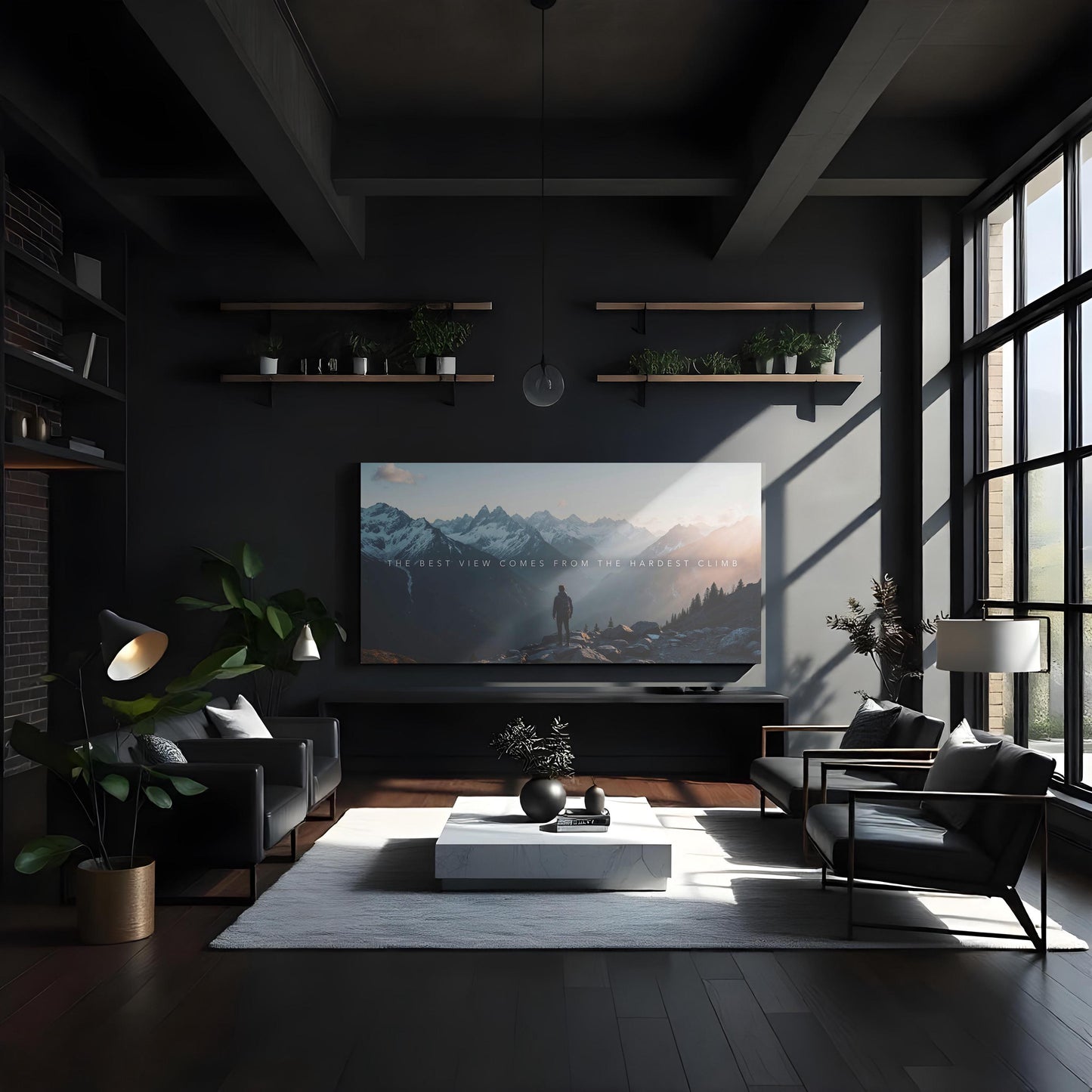 A high-end modern living room with floor-to-ceiling windows, sleek black furniture, and warm wood tones. A massive adventure-themed canvas print hangs above the entertainment unit, featuring a hiker overlooking a stunning mountain view at sunrise. Floating shelves with plants add a natural touch, while the quote &quot;The best view comes from the hardest climb&quot; serves as a bold statement of perseverance and ambition.
