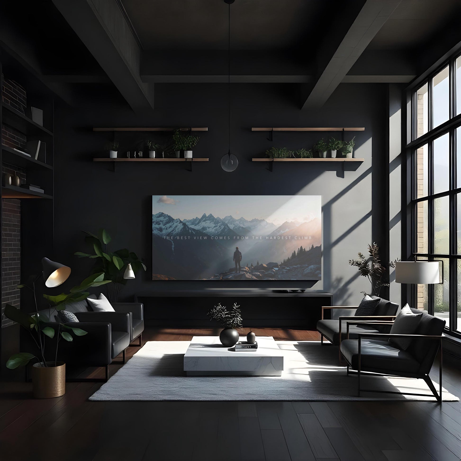 A high-end modern living room with floor-to-ceiling windows, sleek black furniture, and warm wood tones. A massive adventure-themed canvas print hangs above the entertainment unit, featuring a hiker overlooking a stunning mountain view at sunrise. Floating shelves with plants add a natural touch, while the quote &quot;The best view comes from the hardest climb&quot; serves as a bold statement of perseverance and ambition.