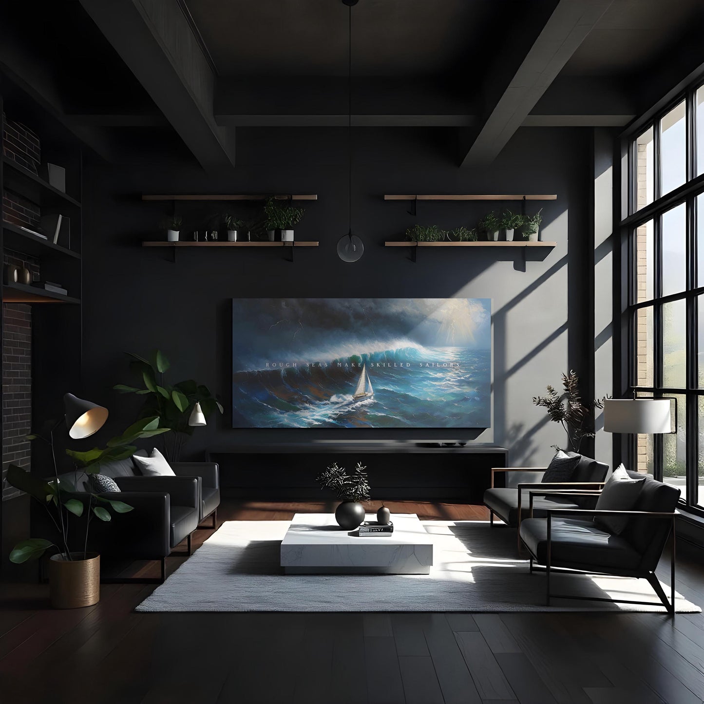 A modern living room with dark walls, high ceilings, and a floor-to-ceiling window. A large canvas of a sailboat in rough seas with &quot;ROUGH SEAS MAKE SKILLED SAILORS&quot; hangs as the centerpiece. Minimalist furniture and natural light create a vibe.