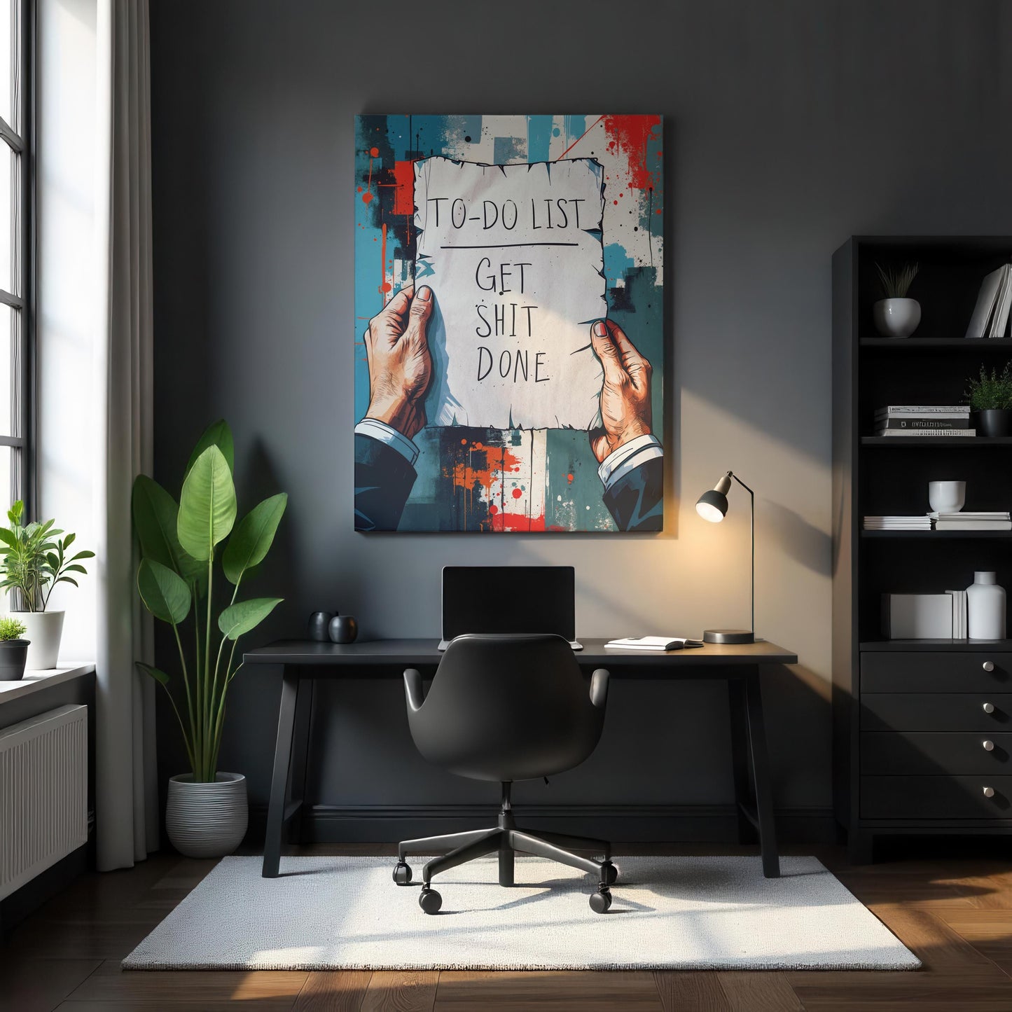 A stylish home office with a black desk, matching chair, desk lamp, and bookshelf. A large motivational canvas reading &quot;TO-DO LIST: GET SHIT DONE&quot; hangs on a dark gray wall. Natural light streams in, highlighting a potted plant by the window.
