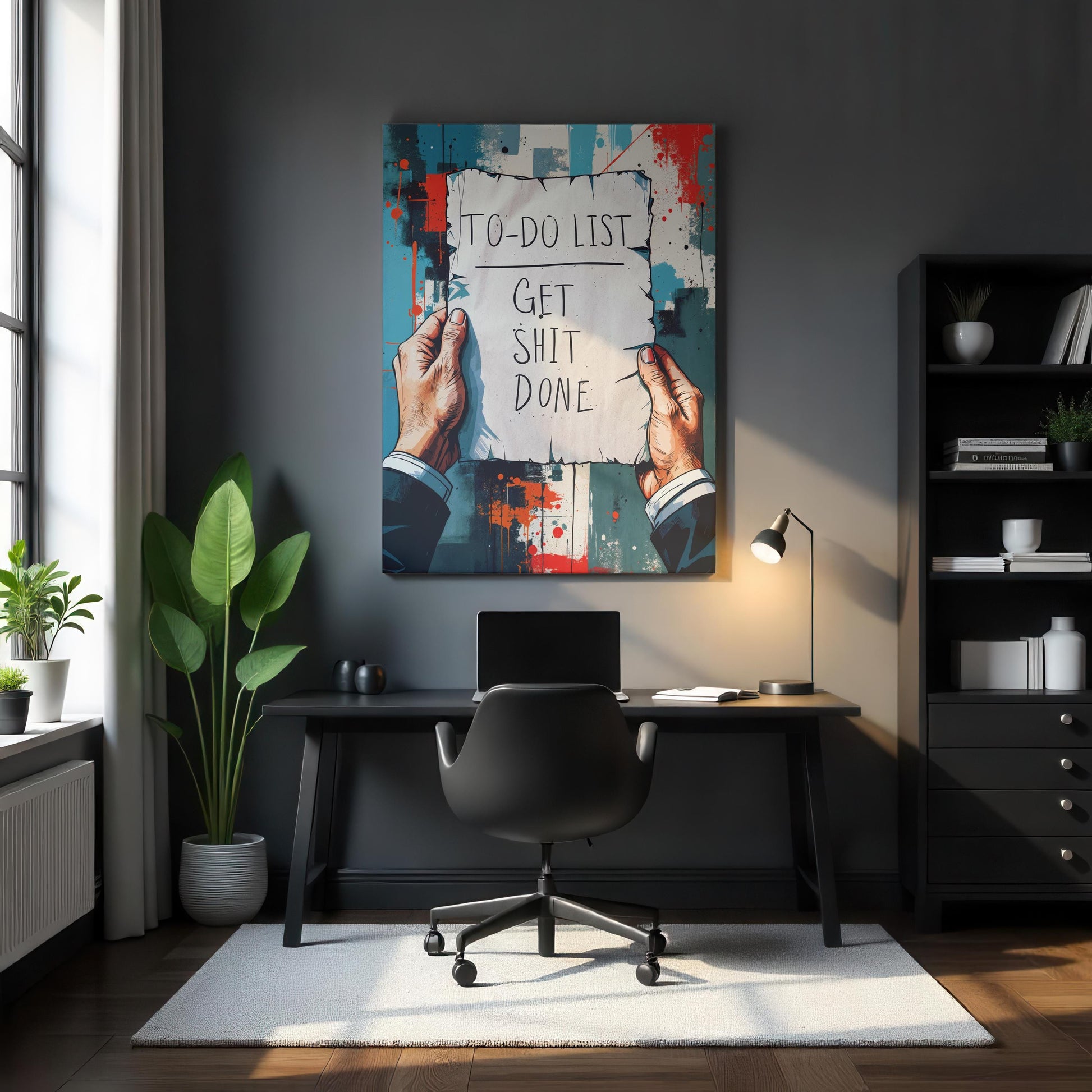 A stylish home office with a black desk, matching chair, desk lamp, and bookshelf. A large motivational canvas reading &quot;TO-DO LIST: GET SHIT DONE&quot; hangs on a dark gray wall. Natural light streams in, highlighting a potted plant by the window.