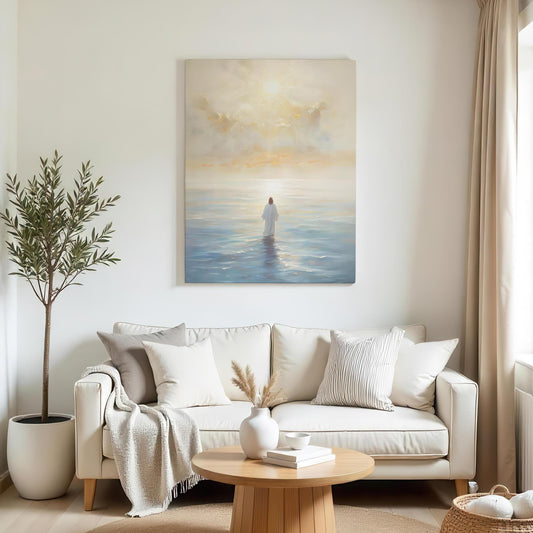 Jesus Walking on Water Canvas Art | Jesus Wall Art | Faith-Based Decor | Ocean Sunset Print | Inspirational Christian Art | Large Canvas
