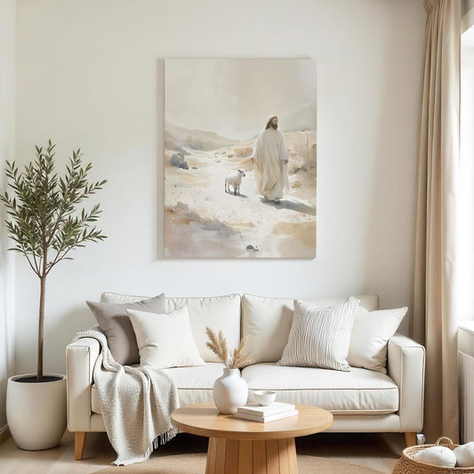 A minimalist living room with a large canvas of Jesus walking with a lamb in a desert landscape. The space features a cream sofa, neutral cushions, a wooden coffee table with vases, a cozy throw, and a potted tree, creating a calm, serene atmosphere.