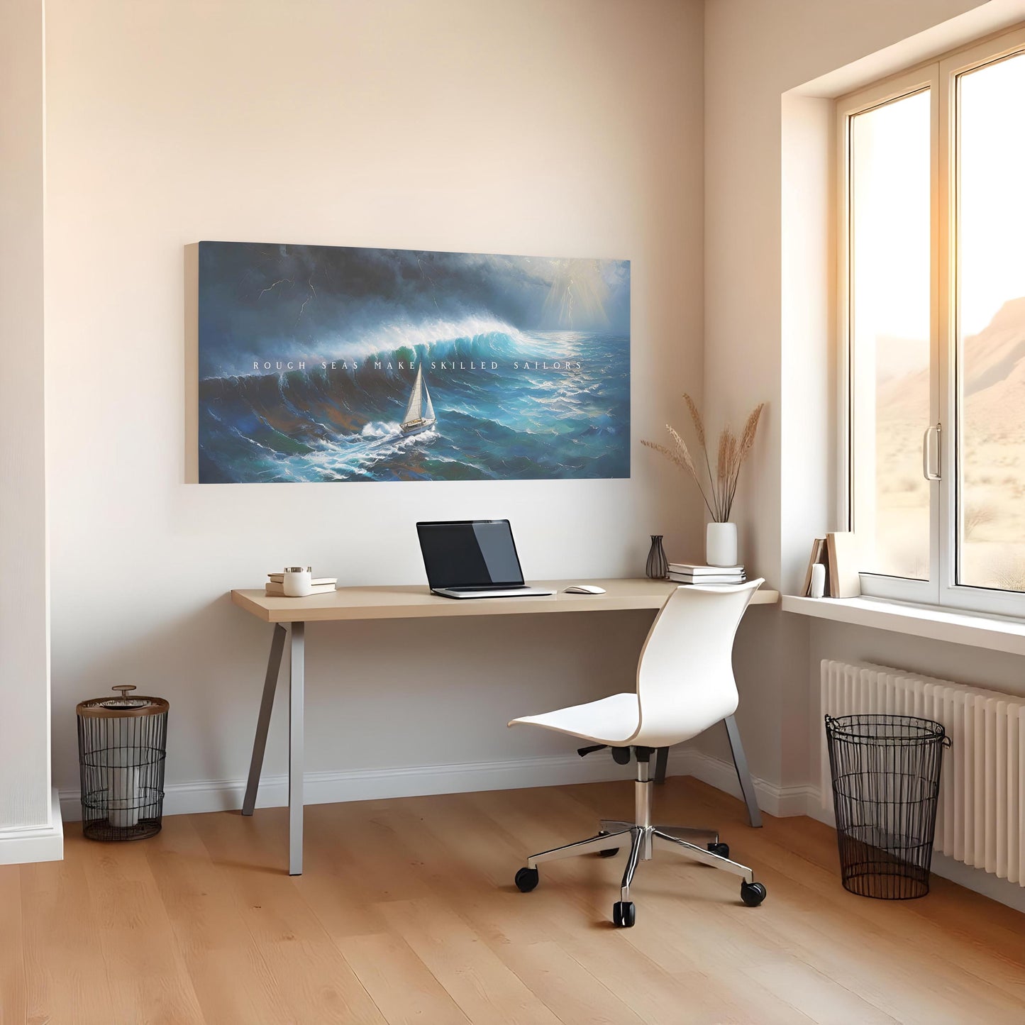 A minimalist home office with a light wood desk, white ergonomic chair, and large window letting in soft natural light. The centerpiece is a canvas of a sailboat in stormy seas with &quot;ROUGH SEAS MAKE SKILLED SAILORS&quot; on the wall.  a calm vibe.