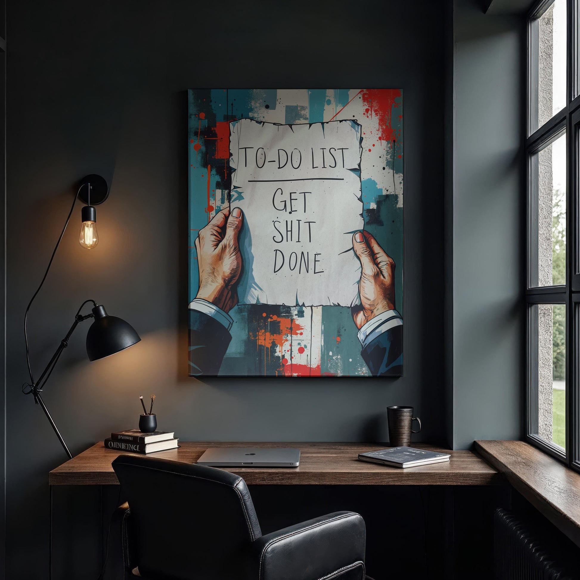 A modern workspace featuring a wooden desk, black leather chair, and industrial-style lighting. A bold canvas with &quot;TO-DO LIST: GET SH*T DONE&quot; hangs on the dark wall. A window offers natural light, complementing the clean and motivational setup.