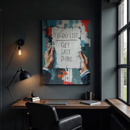 A modern workspace featuring a wooden desk, black leather chair, and industrial-style lighting. A bold canvas with &quot;TO-DO LIST: GET SH*T DONE&quot; hangs on the dark wall. A window offers natural light, complementing the clean and motivational setup.