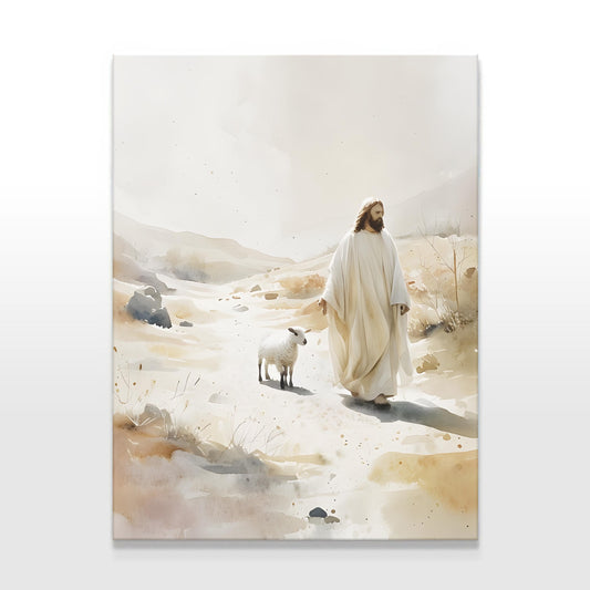 A canvas print featuring Jesus walking beside a lamb in a peaceful desert landscape. The artwork has soft, muted tones and a minimalist watercolor style, evoking a serene and faith-inspired atmosphere.