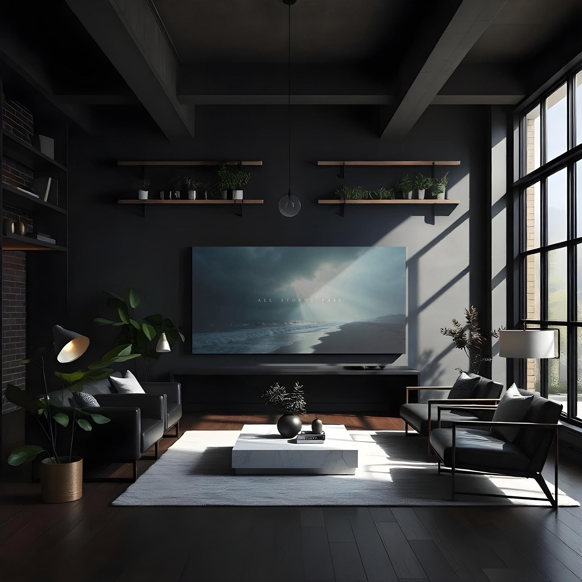 A modern living room with dark walls and large windows. The space features black armchairs, a white marble coffee table, indoor plants, and a large canvas with an ocean scene and text &quot;All Storms Pass,&quot; creating a sleek and moody atmosphere.