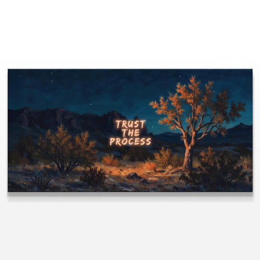 Inspirational canvas art featuring a desert night scene with a glowing &quot;Trust the Process&quot; quote, perfect for motivation and decor.