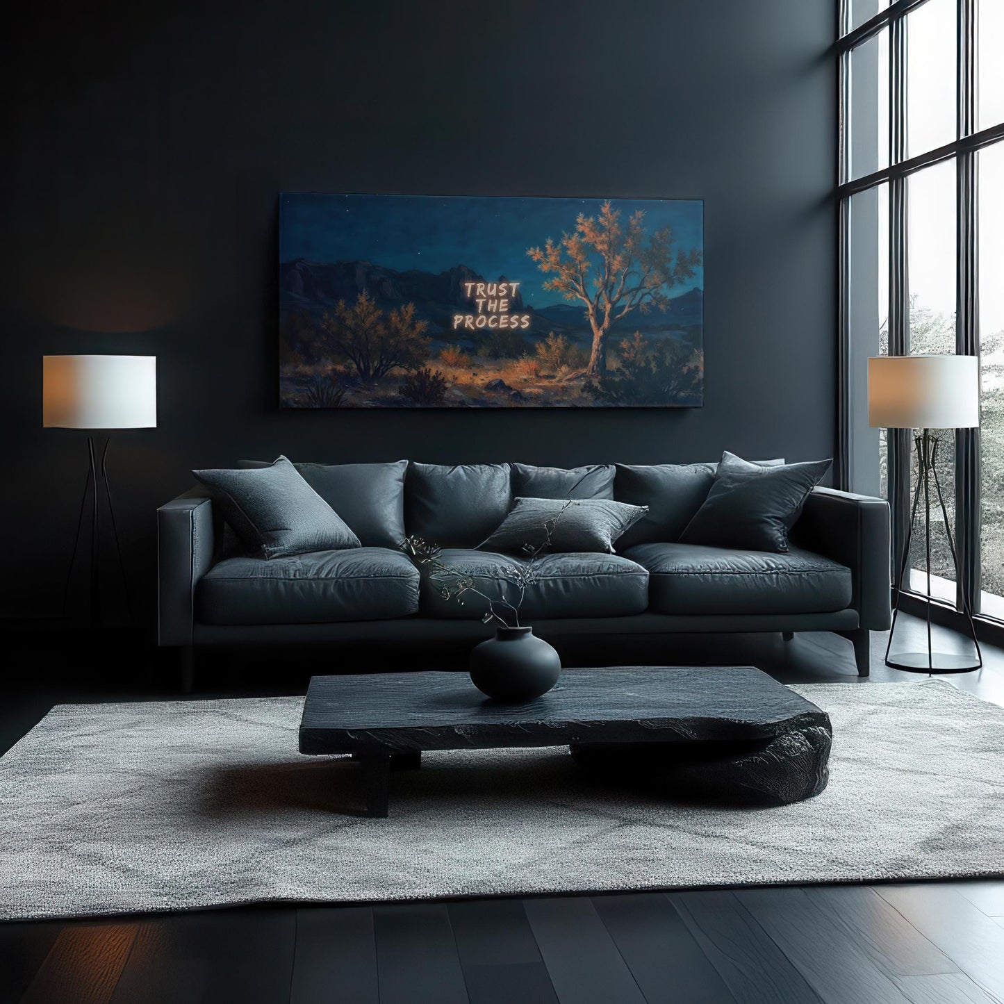 Modern living room featuring &quot;Trust the Process&quot; canvas art with a desert nightscape, adding motivational and serene vibes to sleek decor.