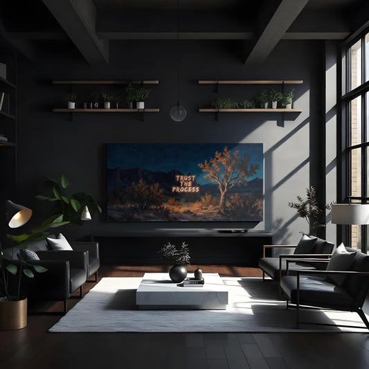Sophisticated loft-style living room featuring &quot;Trust the Process&quot; canvas art, blending motivational design with modern, elegant decor.