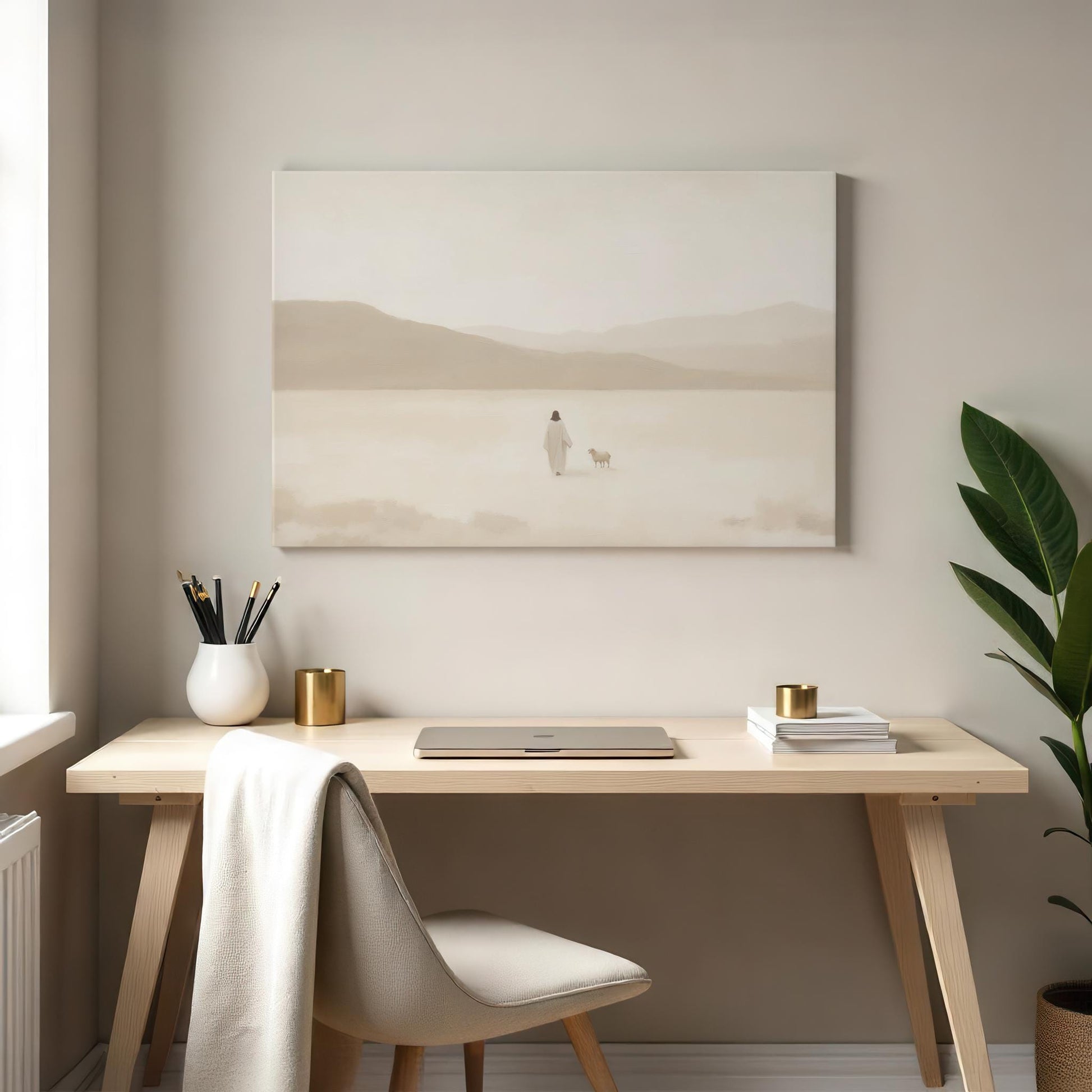 A cozy workspace with a light wood desk, beige chair, and minimalist decor, including a laptop, gold accents, and a plant. Above the desk hangs a serene gallery-wrapped canvas of Jesus and a lost sheep in a soft desert landscape.