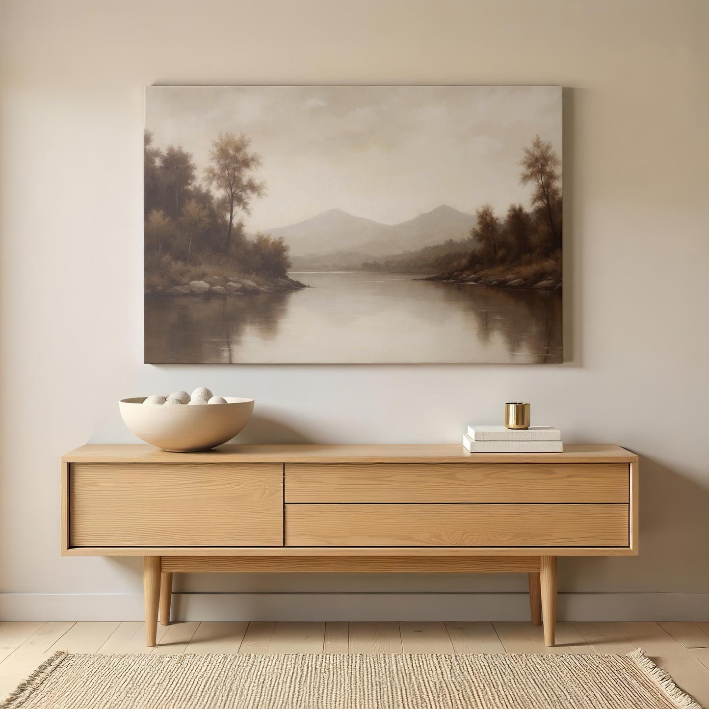 Moody Landscape Wall Art | Serene Lake and Mountain Print | Tranquil Nature Artwork | Peaceful Landscape Decor | Vintage Painting Wall Art