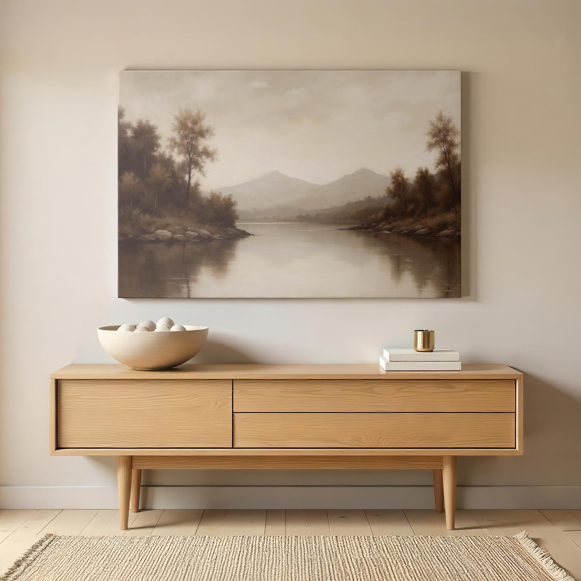 Moody Landscape Wall Art | Serene Lake and Mountain Print | Tranquil Nature Artwork | Peaceful Landscape Decor | Vintage Painting Wall Art
