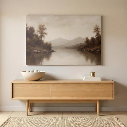 Moody Landscape Wall Art | Serene Lake and Mountain Print | Tranquil Nature Artwork | Peaceful Landscape Decor | Vintage Painting Wall Art