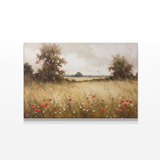 Fields of Grace Wall Art | Wildflower and Poppy Field Print | Serene Nature Landscape Artwork | Rustic Home Decor | Moody Vintage Painting