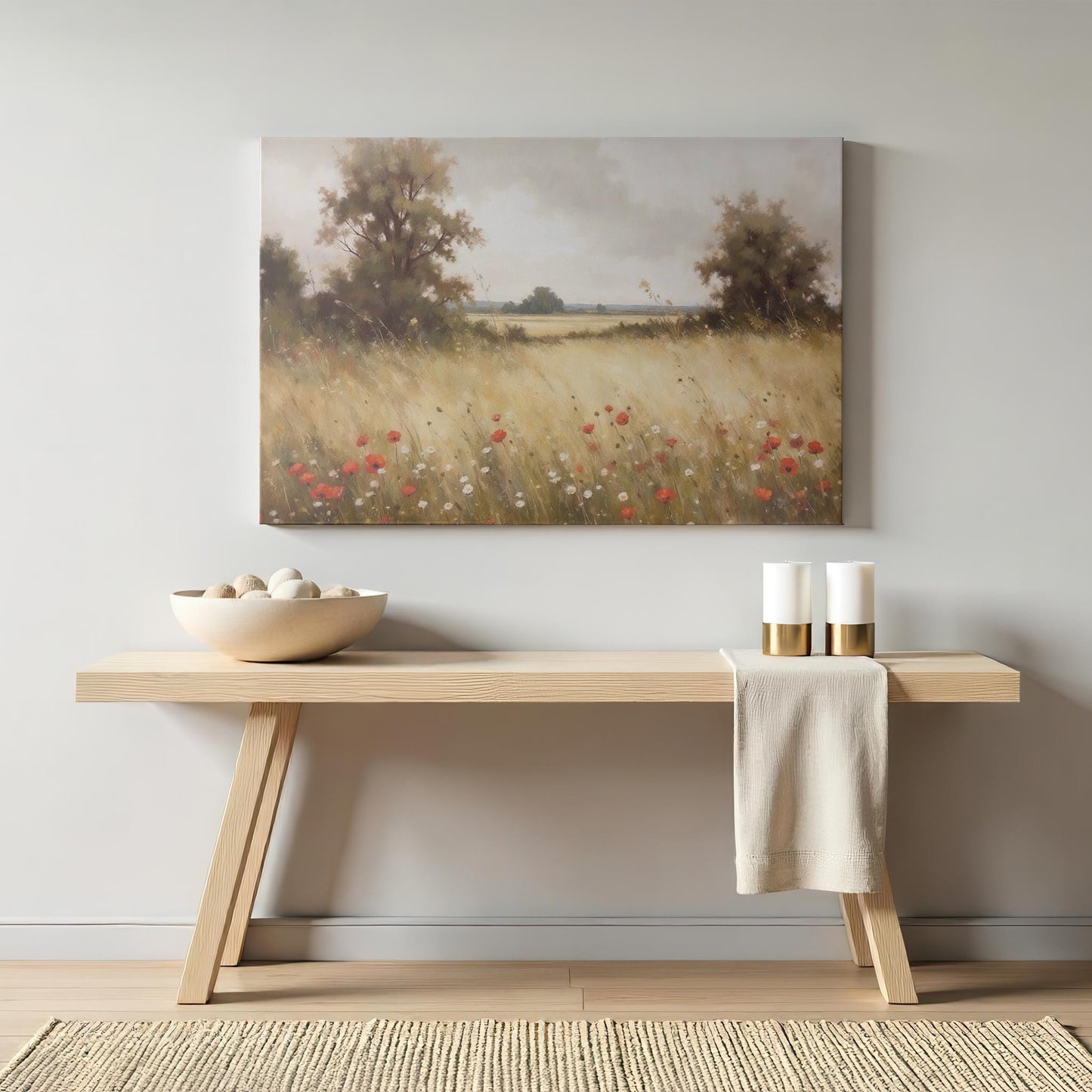 Fields of Grace Wall Art | Wildflower and Poppy Field Print | Serene Nature Landscape Artwork | Rustic Home Decor | Moody Vintage Painting