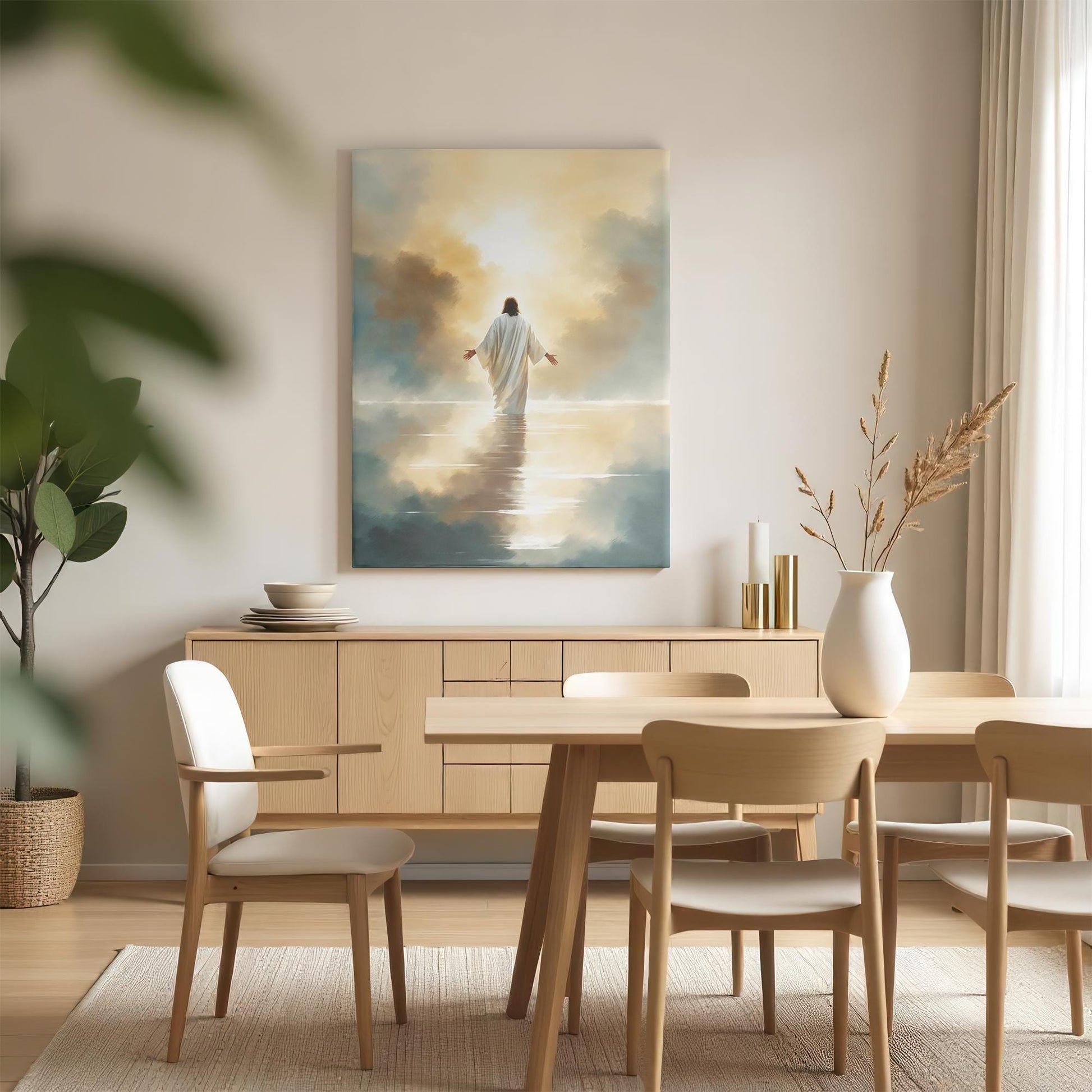 Modern dining room featuring a luminous canvas of Jesus in a radiant glow over reflective water, with minimalist light wood furniture, a white vase with stems, gold candle holders, and natural elements like a woven plant basket and soft curtains.