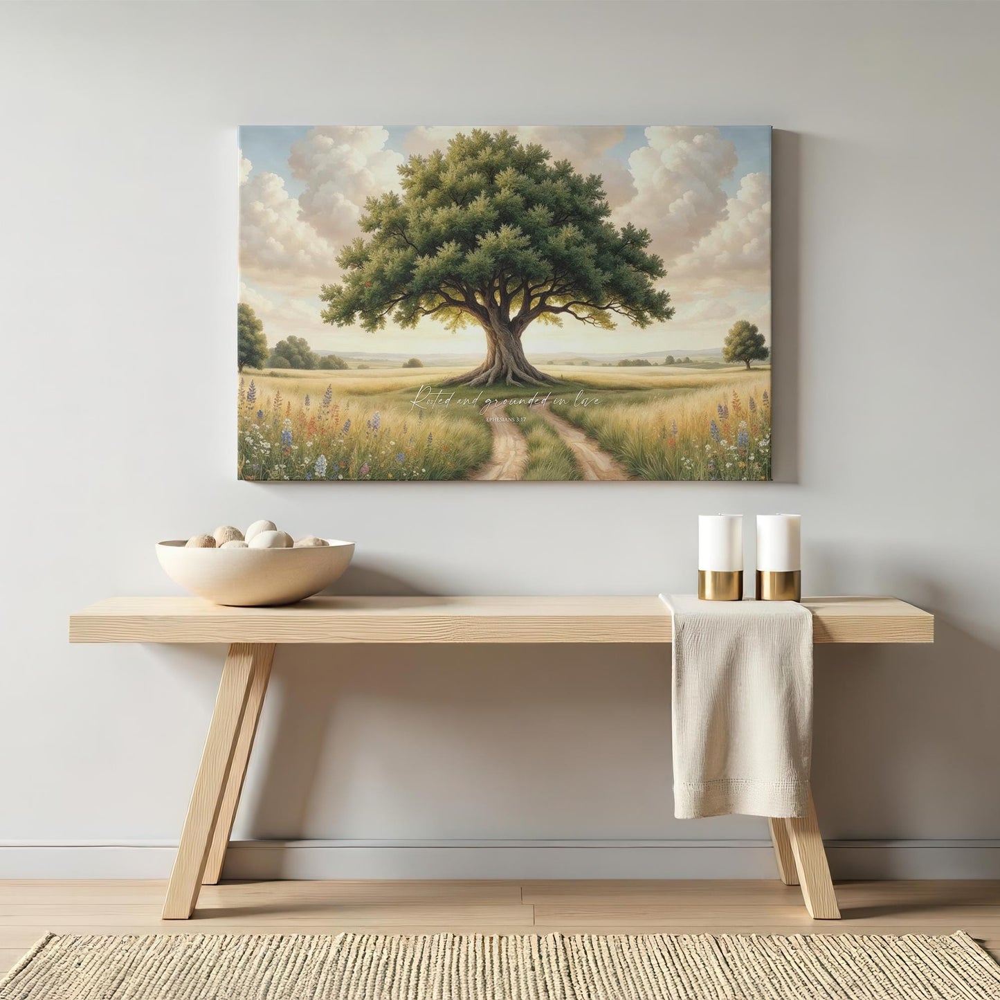 A minimalist entryway adorned with a calming tree canvas and scripture, creating a welcoming and meaningful atmosphere