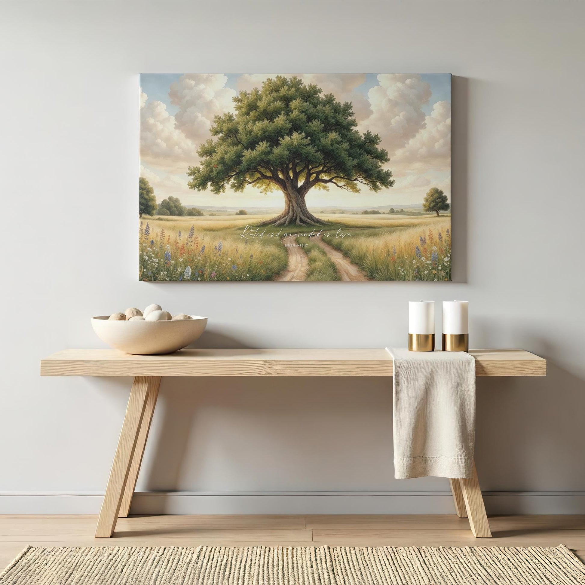 A minimalist entryway adorned with a calming tree canvas and scripture, creating a welcoming and meaningful atmosphere