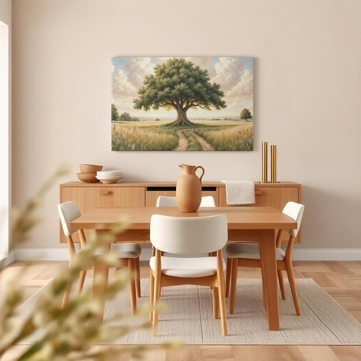 A serene dining room featuring a nature-inspired canvas of a majestic tree with &quot;Rooted and Grounded in Love, Ephesians 3:17.