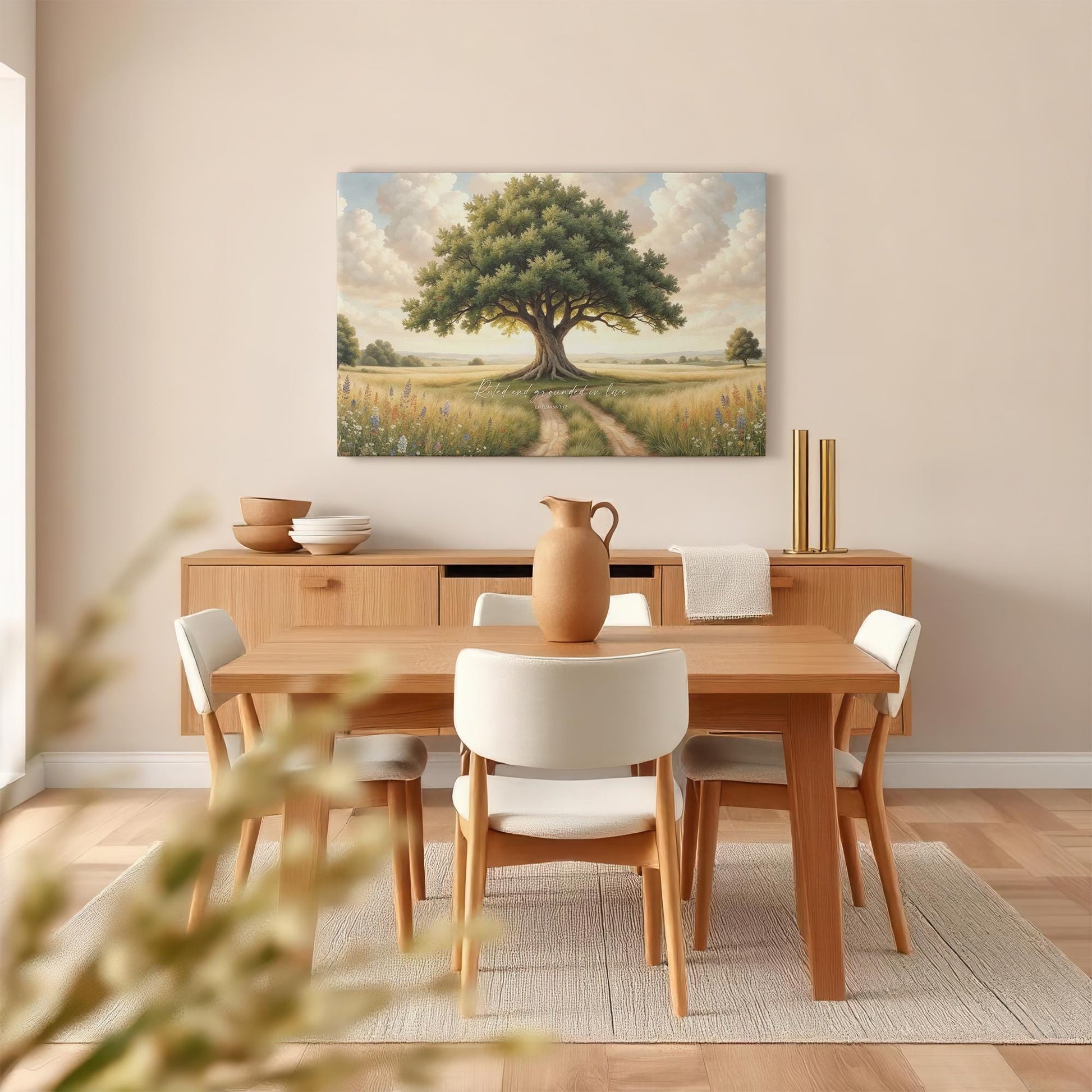 A serene dining room featuring a nature-inspired canvas of a majestic tree with &quot;Rooted and Grounded in Love, Ephesians 3:17.