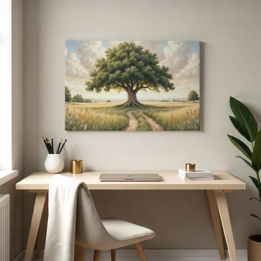A serene home office featuring a &quot;Rooted and Grounded in Love&quot; canvas wall art with a vibrant oak tree and Bible verse. The scene includes a minimalist wooden desk, a white chair, gold accents, and a lush green plant, creating a calm workspace.