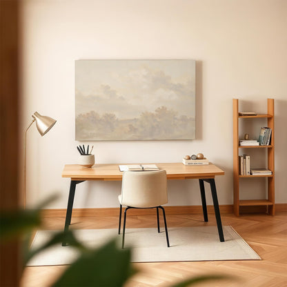 Neutral landscape canvas wall art in a modern, minimalist home office. Styled with a wooden desk, cozy chair, soft lighting, and warm decor for a calming workspace.