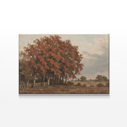 Autumn landscape canvas featuring trees with warm fall foliage and an open countryside. A vintage-style painting print with earthy tones, ideal for classic, rustic, or traditional home decor.