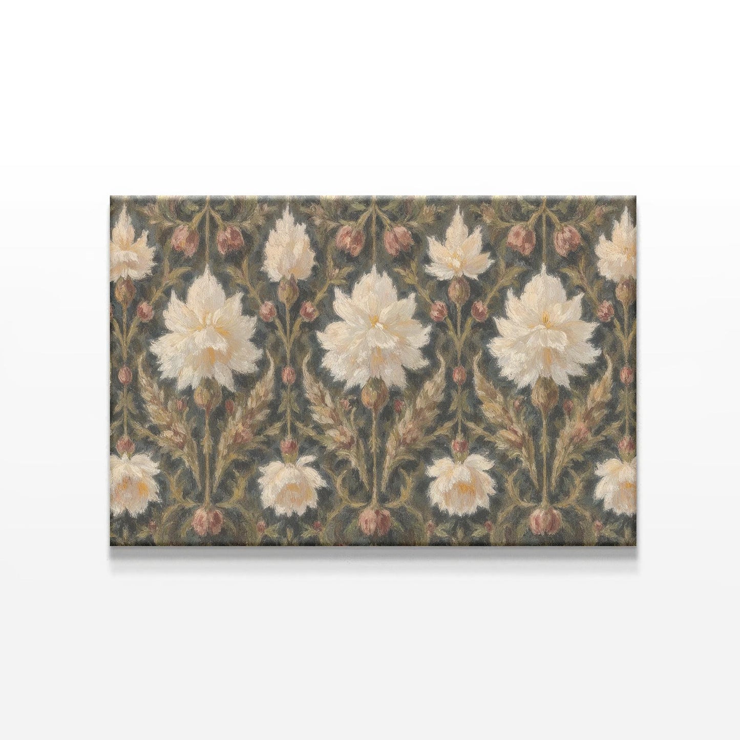 Close-up of a vintage botanical pattern canvas featuring elegant white flowers on a muted dark background. A timeless floral art print perfect for Victorian, shabby chic, or classic interior styles.