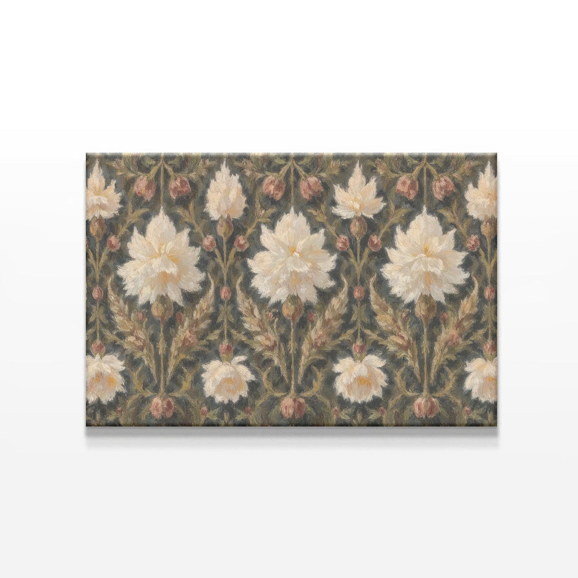 Close-up of a vintage botanical pattern canvas featuring elegant white flowers on a muted dark background. A timeless floral art print perfect for Victorian, shabby chic, or classic interior styles.