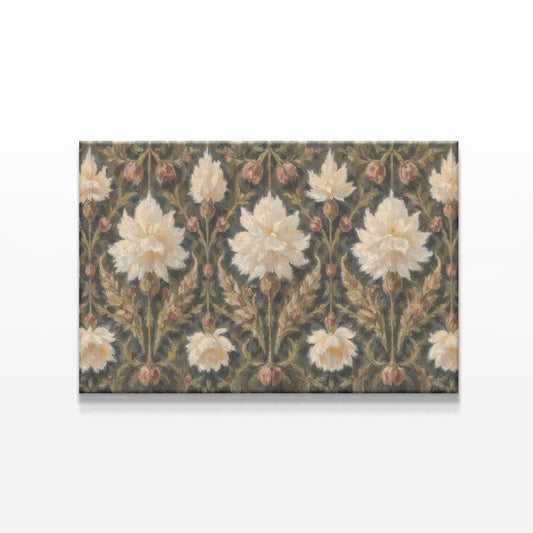 Close-up of a vintage botanical pattern canvas featuring elegant white flowers on a muted dark background. A timeless floral art print perfect for Victorian, shabby chic, or classic interior styles.