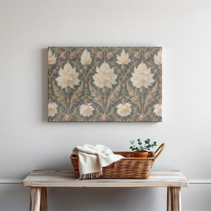 Vintage floral pattern canvas above a rustic console table. Styled with a woven basket, a cozy throw, and greenery for a warm, inviting space. Ideal for Victorian, farmhouse, or nature-inspired home decor.