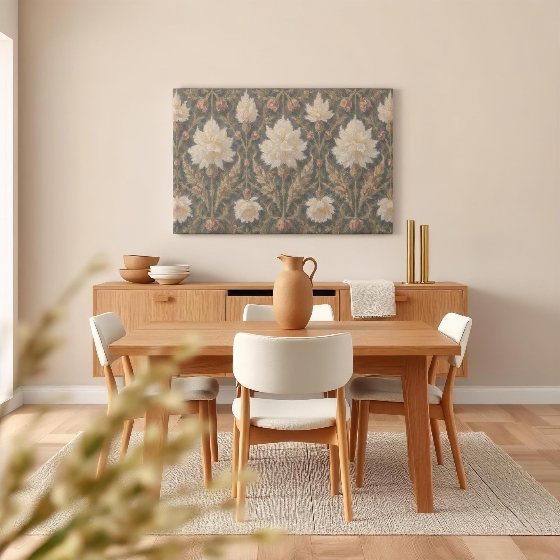 Vintage floral pattern canvas wall art displayed in a modern dining room. Styled with a wooden table, neutral chairs, and minimalist decor for a warm, elegant touch. Perfect for Victorian, classic, or botanical-inspired interiors.