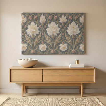 Vintage floral pattern canvas wall art above a mid-century modern sideboard. Styled with neutral decor, ceramic bowls, and gold accents for an elegant and sophisticated space.
