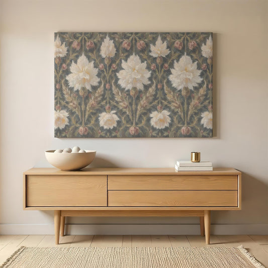 Vintage floral pattern canvas wall art above a mid-century modern sideboard. Styled with neutral decor, ceramic bowls, and gold accents for an elegant and sophisticated space.