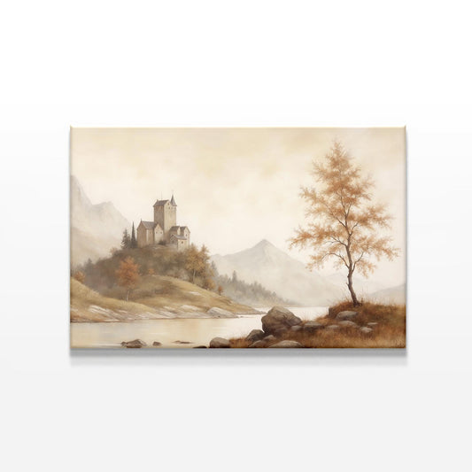 Vintage castle landscape canvas print featuring mountains, trees, and a tranquil river. Neutral earthy tones create a peaceful aesthetic, perfect for rustic, old-world, or European-style decor.