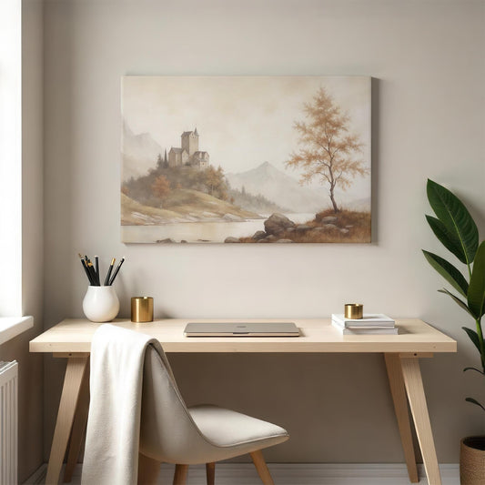Castle landscape canvas above a minimalist desk setup. Neutral tones, warm wood, and soft lighting create a serene workspace. Perfect for modern, rustic, or vintage-inspired home decor.