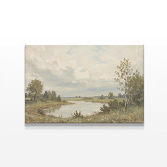 Classic countryside landscape canvas featuring a serene river scene. Neutral earth tones and soft textures create a peaceful, timeless art print perfect for rustic or traditional decor.