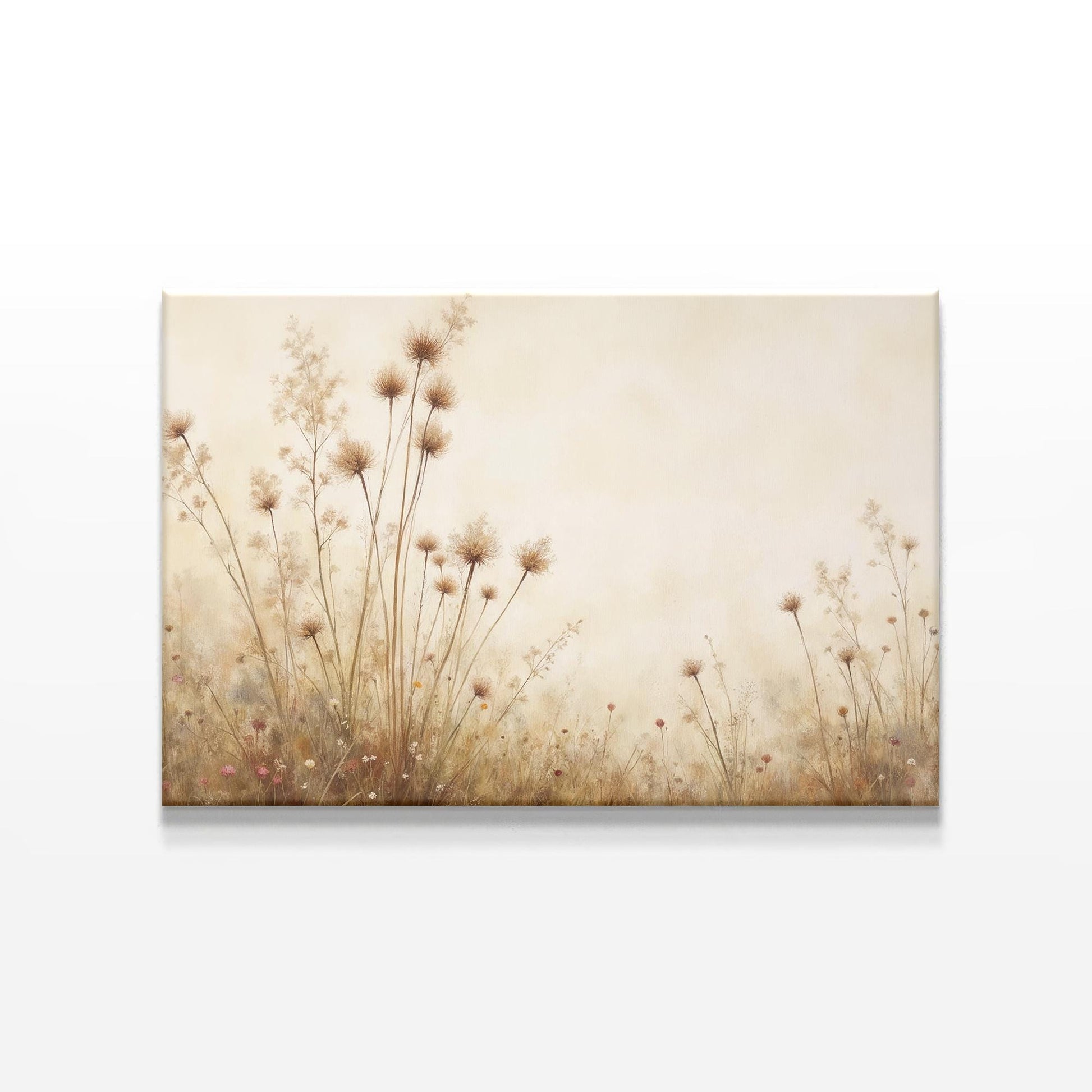 Rustic botanical canvas featuring delicate dried wildflowers. A soft, neutral-toned nature print perfect for farmhouse, boho, or vintage-inspired home decor.