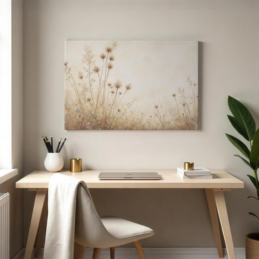 Neutral wildflower canvas in a cozy home office. Styled with a wooden desk, soft linen, and gold-accented decor, creating a warm, minimalist aesthetic with nature-inspired charm.