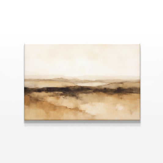 A standalone view of an abstract desert-inspired canvas print with soft beige, brown, and white tones. The painting’s minimalist style captures the vastness of a desert horizon in a calming, muted palette.